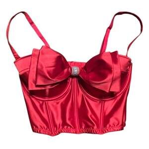 Victoria's Secret Dream Angels Red Satin Bow Rhinestone Corset Top Size 34D